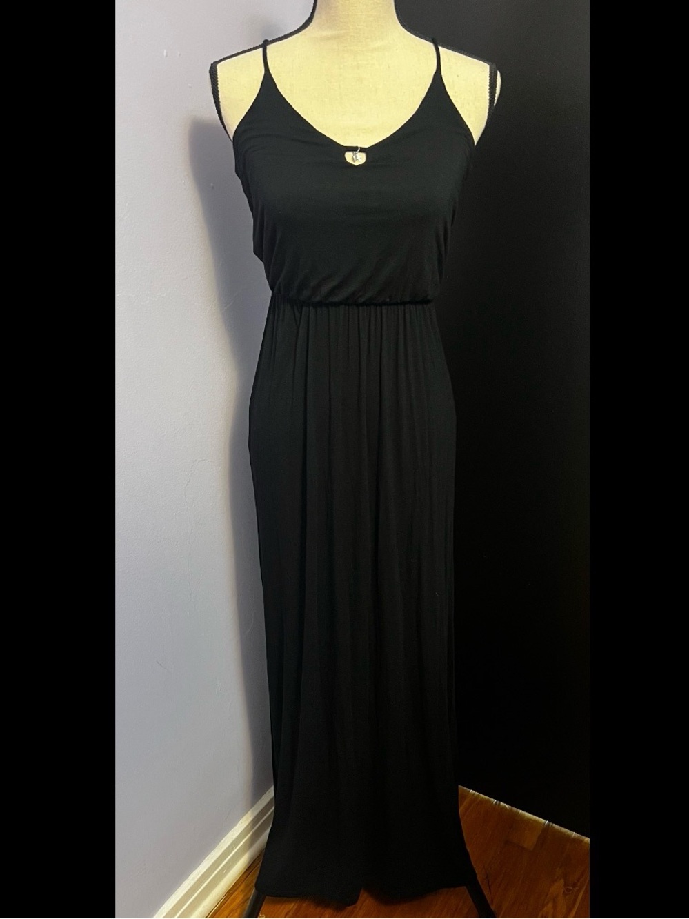 BG Boutique Black Spaghetti Strap Maxi Dress w Cross & Shield Charm - Picture 1 of 5